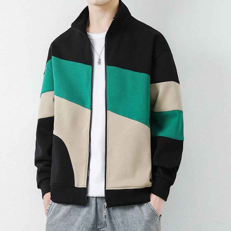 Men's Color Block Stand Collar Hip-Length Relaxed Fit Jacket Black