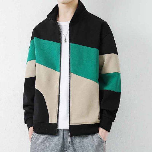 Men's Color Block Stand Collar Hip-Length Relaxed Fit Jacket Black