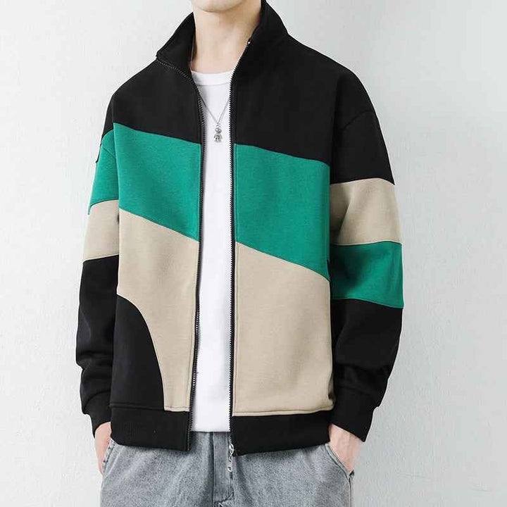 Men's Color Block Stand Collar Hip-Length Relaxed Fit Jacket Black