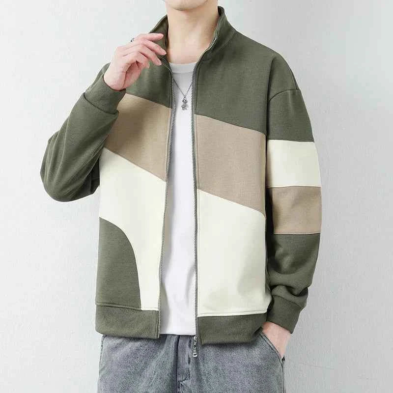 Men's Color Block Stand Collar Hip-Length Relaxed Fit Jacket Army Green