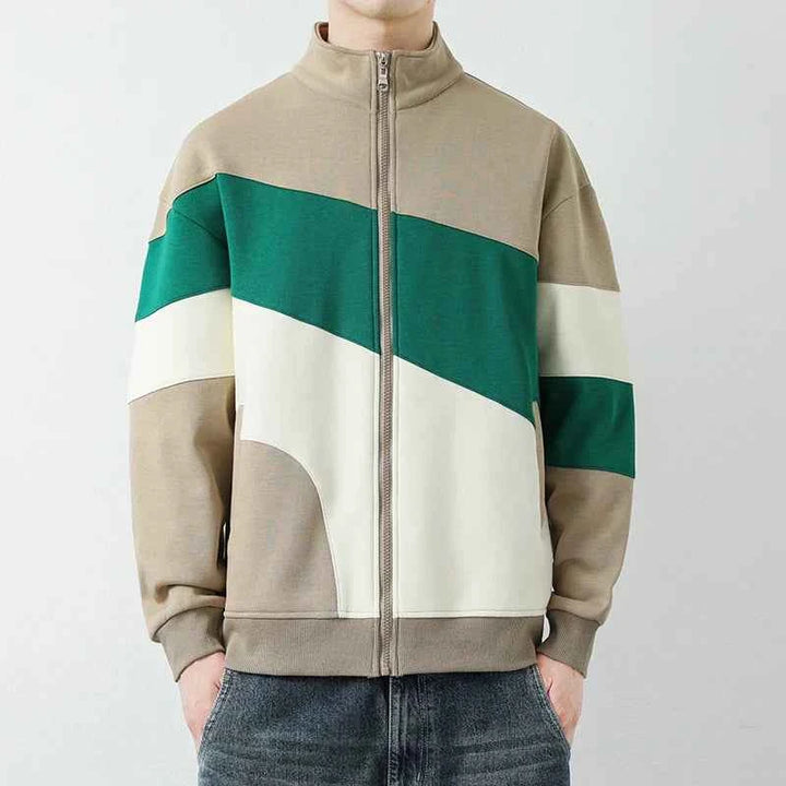 Men's Color Block Stand Collar Hip-Length Relaxed Fit Jacket Beige