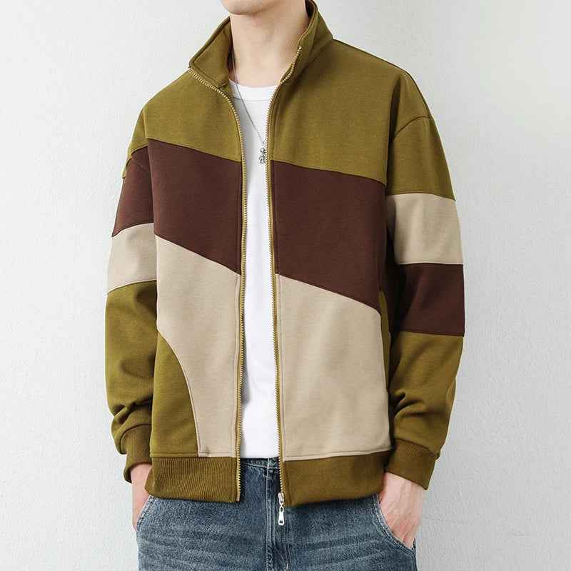 Men's Color Block Stand Collar Hip-Length Relaxed Fit Jacket Olive