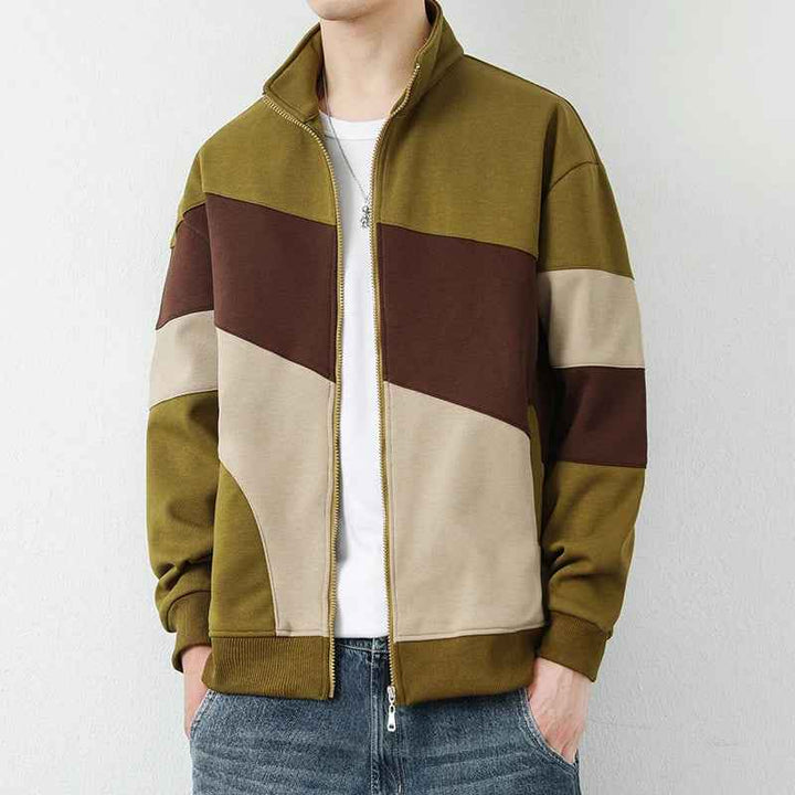 Men's Color Block Stand Collar Hip-Length Relaxed Fit Jacket Olive