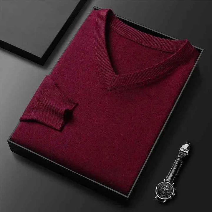 Men's Comfortable Merino Wool Sweater Red Wine V-hals