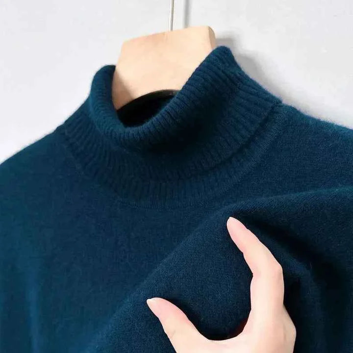 Men's Comfortable Merino Wool Sweater Navy Blue Hoge hals