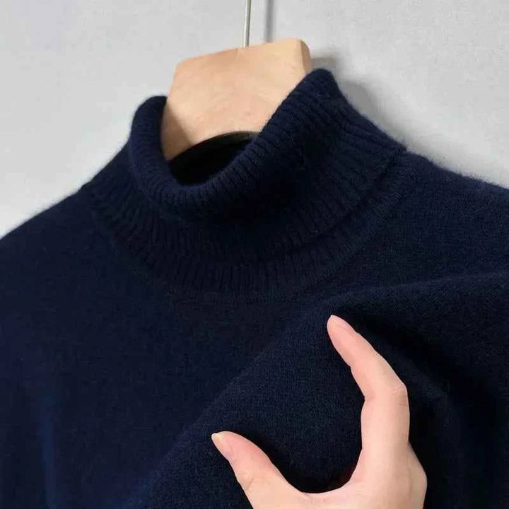 Men's Comfortable Merino Wool Sweater Dark Blue Hoge hals