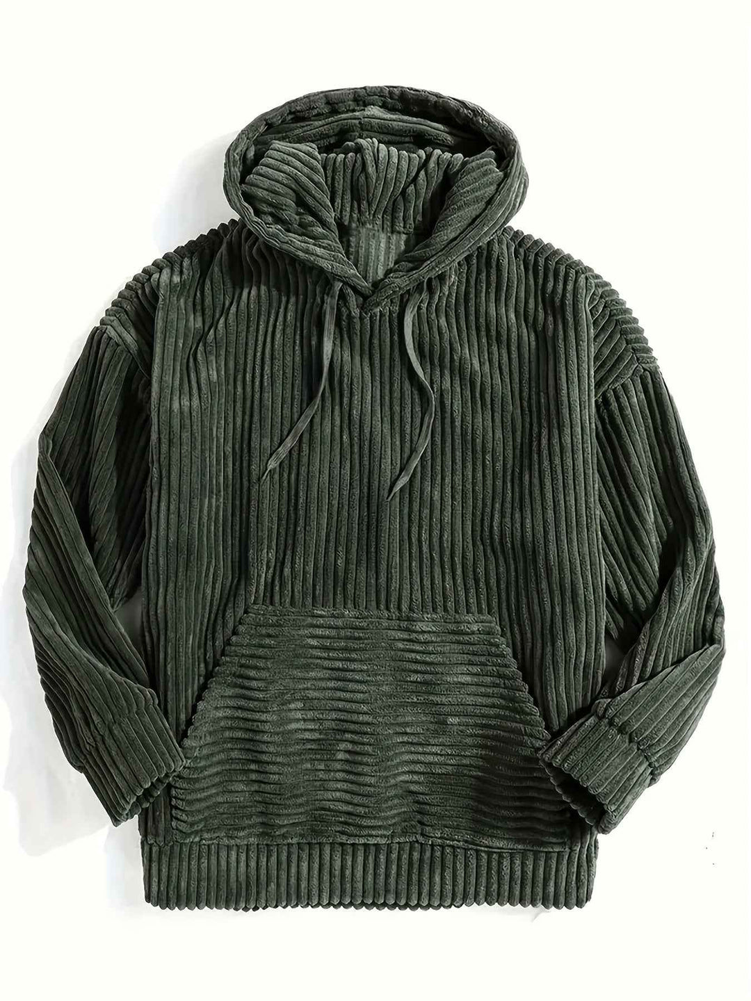 Men's Corduroy Hoodie Sweater – Relaxed Fit with Kangaroo Pocket Olive Green