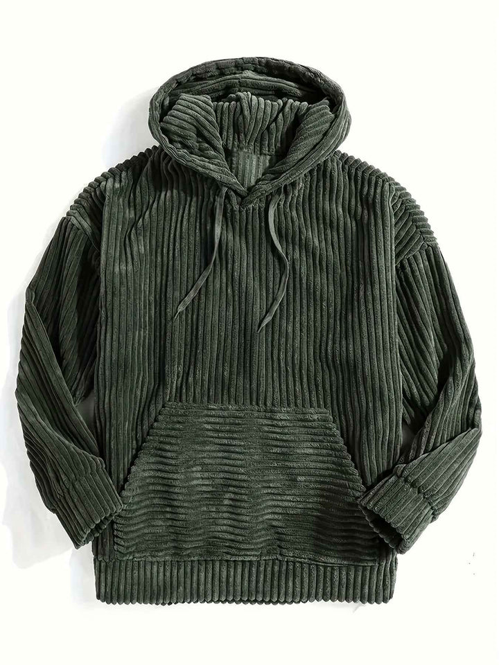 Men's Corduroy Hoodie Sweater – Relaxed Fit with Kangaroo Pocket Olive Green