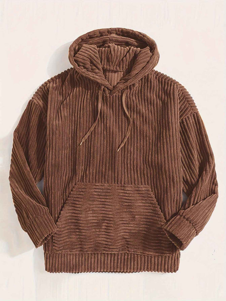 Men's Corduroy Hoodie Sweater – Relaxed Fit with Kangaroo Pocket Brown