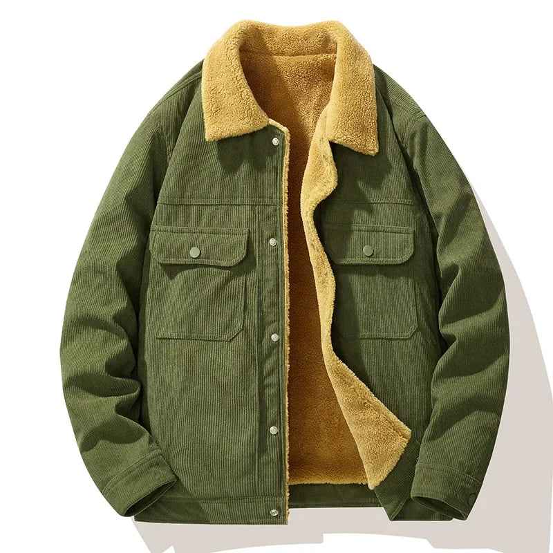 Men's Corduroy Textured Chest Pocket Button Front Pockets Solid Jacket Green