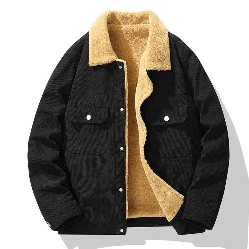 Men's Corduroy Textured Chest Pocket Button Front Pockets Solid Jacket Black