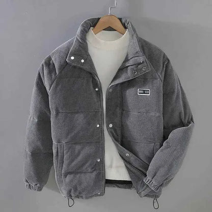 Men's Corduroy Jacket Regular Pockets Khaki Winter Ribbed Trim Gray