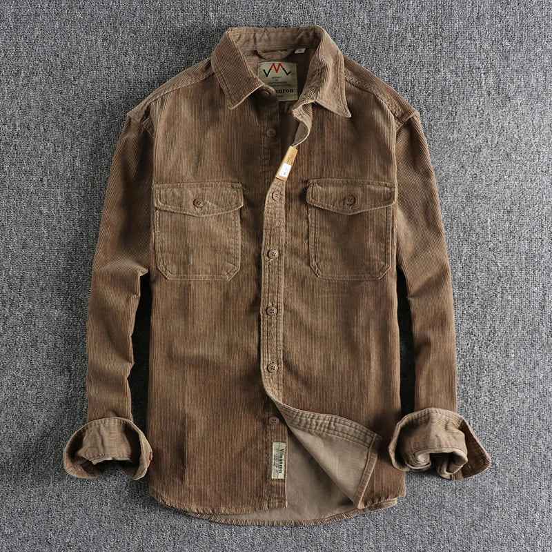 Men's Corduroy Shirt - Regular Fit - Long Sleeve - Button Closure - Chest Pockets Khaki