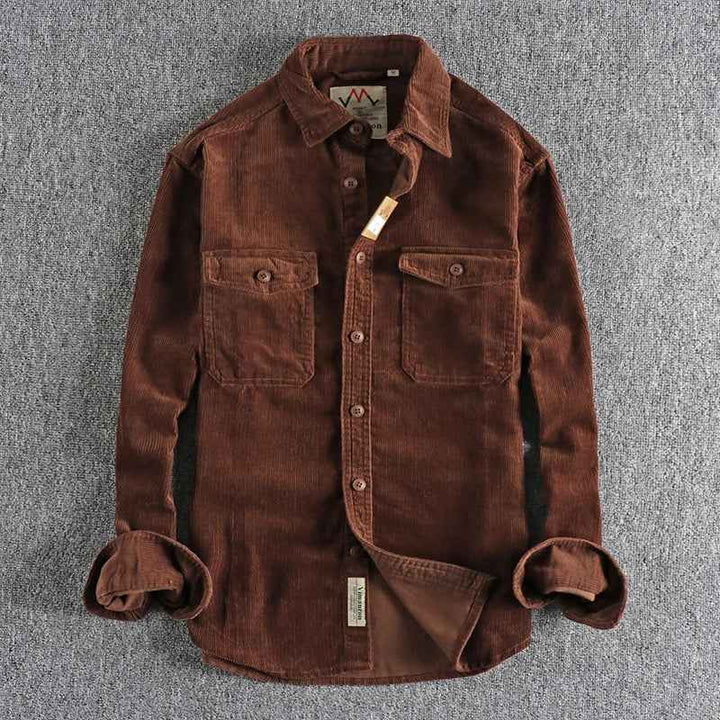 Men's Corduroy Shirt - Regular Fit - Long Sleeve - Button Closure - Chest Pockets Dark Brown