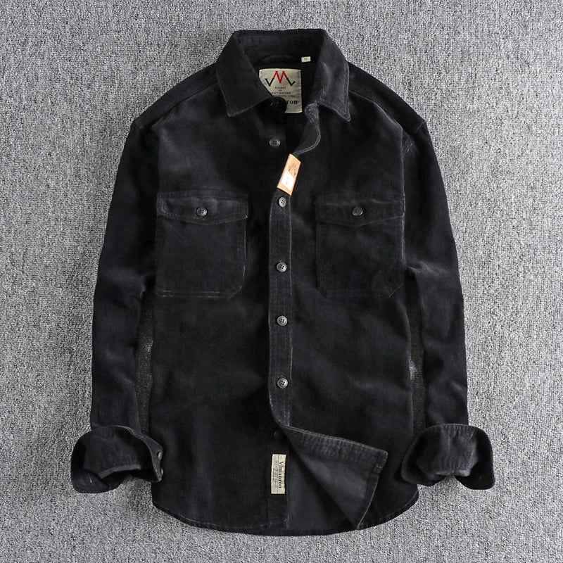 Men's Corduroy Shirt - Regular Fit - Long Sleeve - Button Closure - Chest Pockets Black