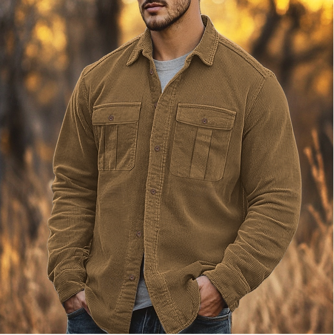 Men's Corduroy Shirt – Regular Fit – Long Sleeve – Chest Pockets Brown