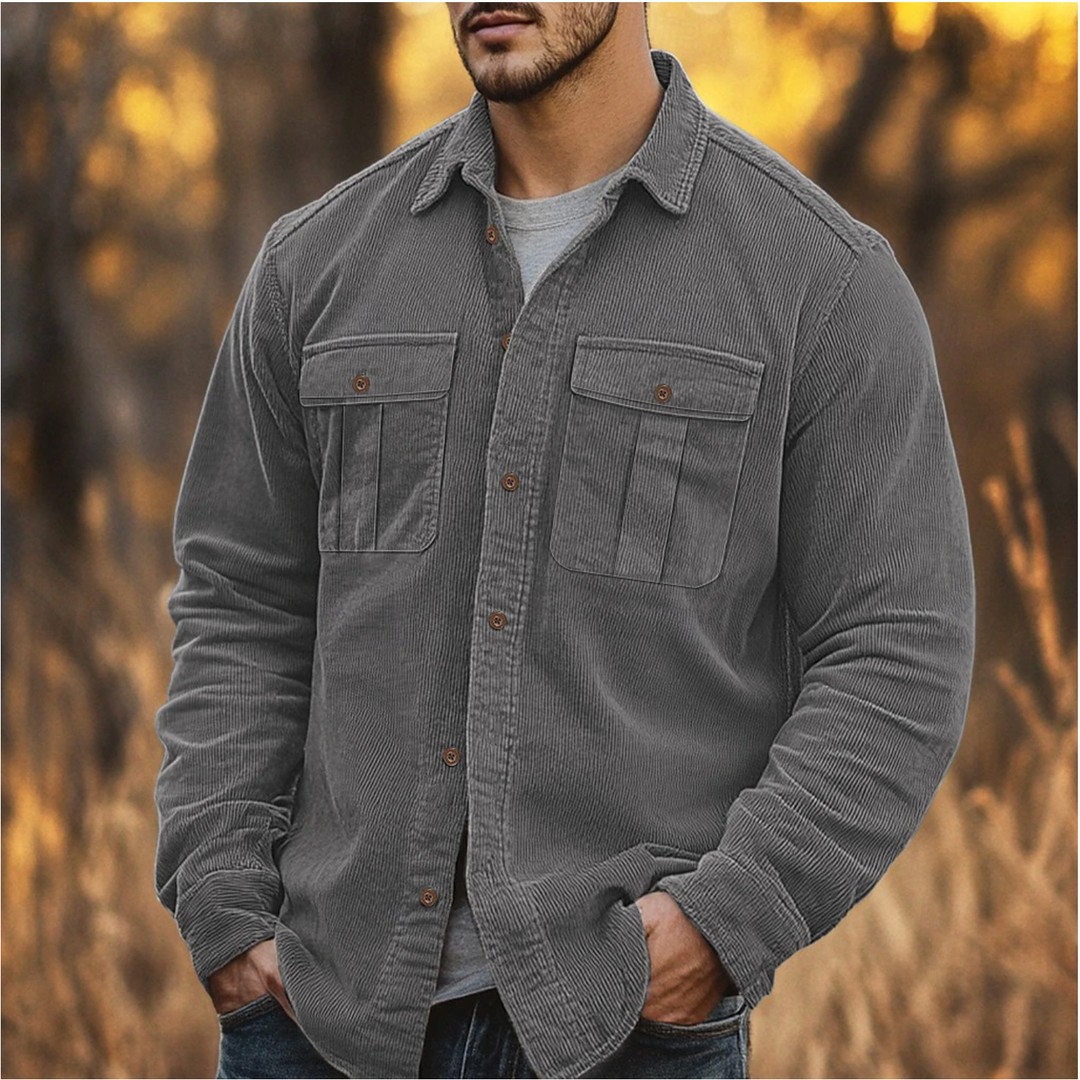 Men's Corduroy Shirt – Regular Fit – Long Sleeve – Chest Pockets Grey