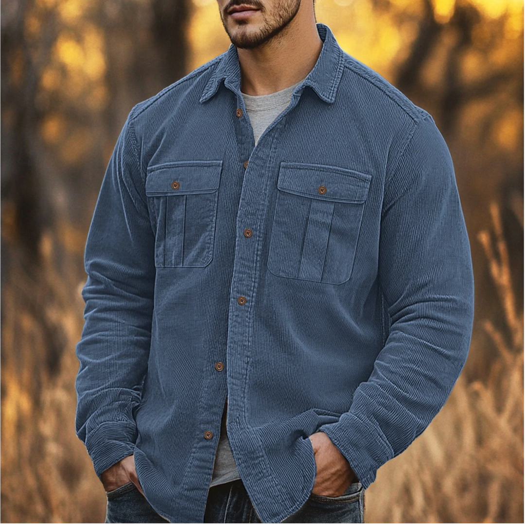 Men's Corduroy Shirt – Regular Fit – Long Sleeve – Chest Pockets Blue
