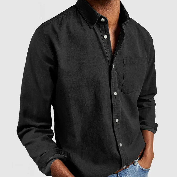 Men's Cotton Long Sleeve Shirt with Chest Pocket - Regular Fit Black