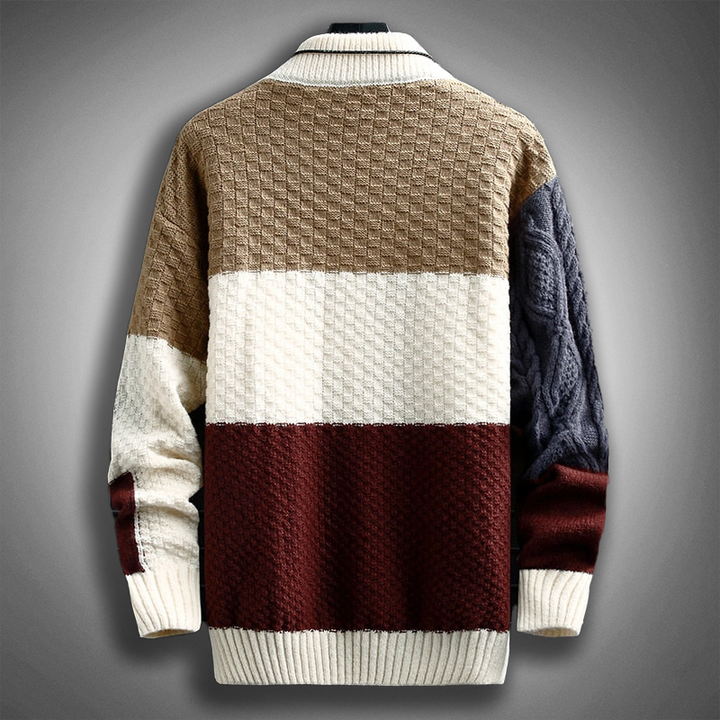 Men's Cotton Patchwork Knit Sweater - High Collar & Ribbed Trims - Casual Fit Red