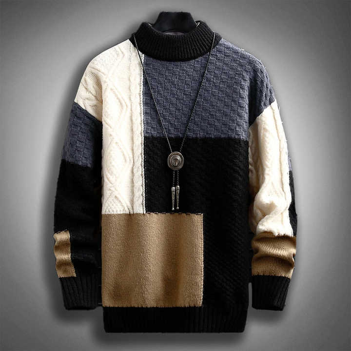Men's Cotton Patchwork Knit Sweater - High Collar & Ribbed Trims - Casual Fit Black