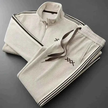 Men's Cotton Tracksuit Set Ribbed Trim Beige Brown Two-Piece Beige