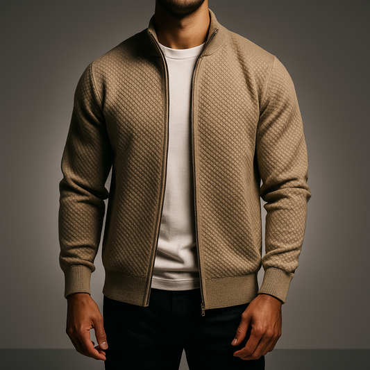 Men's Polyester Ribbed Textured Stand Collar Cardigan Winter Khaki