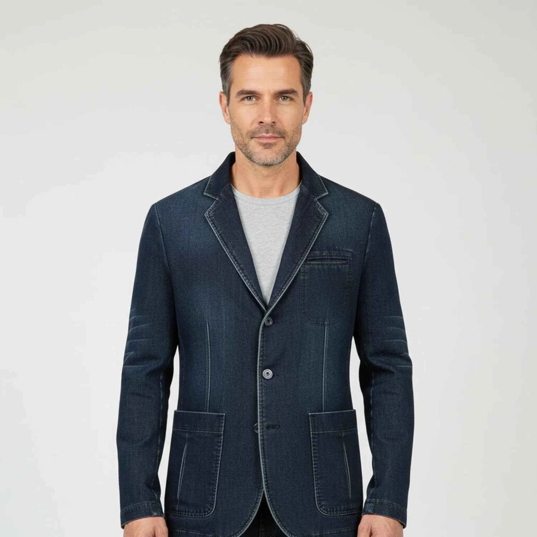 Men's Denim Casual Blazer Jacket Dark Blue