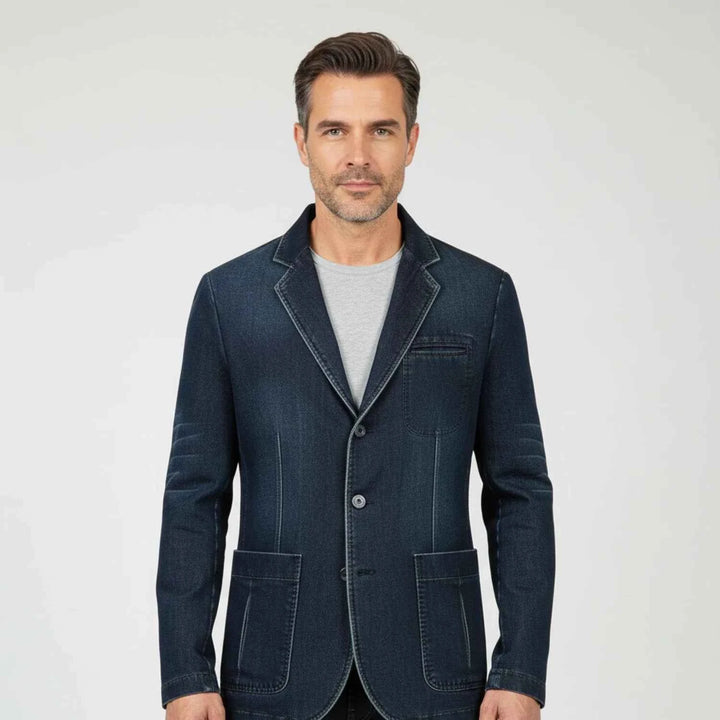 Men's Denim Casual Blazer Jacket Dark Blue
