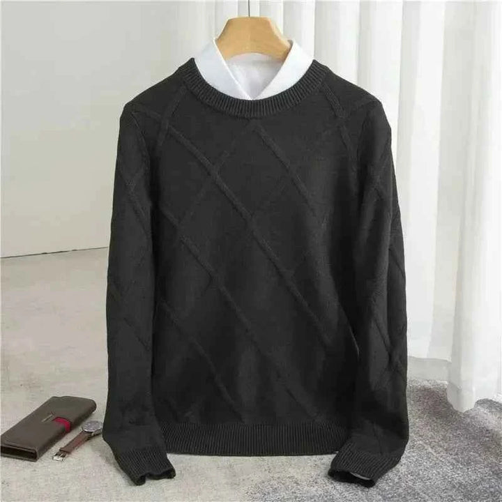 Men's Diamond Knit Sweater – Round Neck with Ribbed Trims – Soft Cotton Blend Black