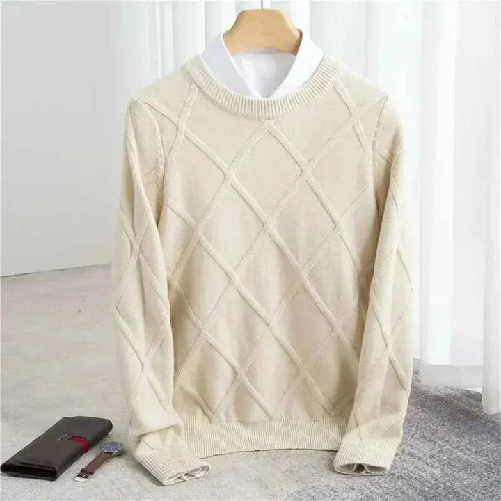 Men's Diamond Knit Sweater – Round Neck with Ribbed Trims – Soft Cotton Blend Cream