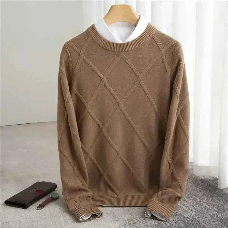 Men's Diamond Knit Sweater – Round Neck with Ribbed Trims – Soft Cotton Blend Khaki