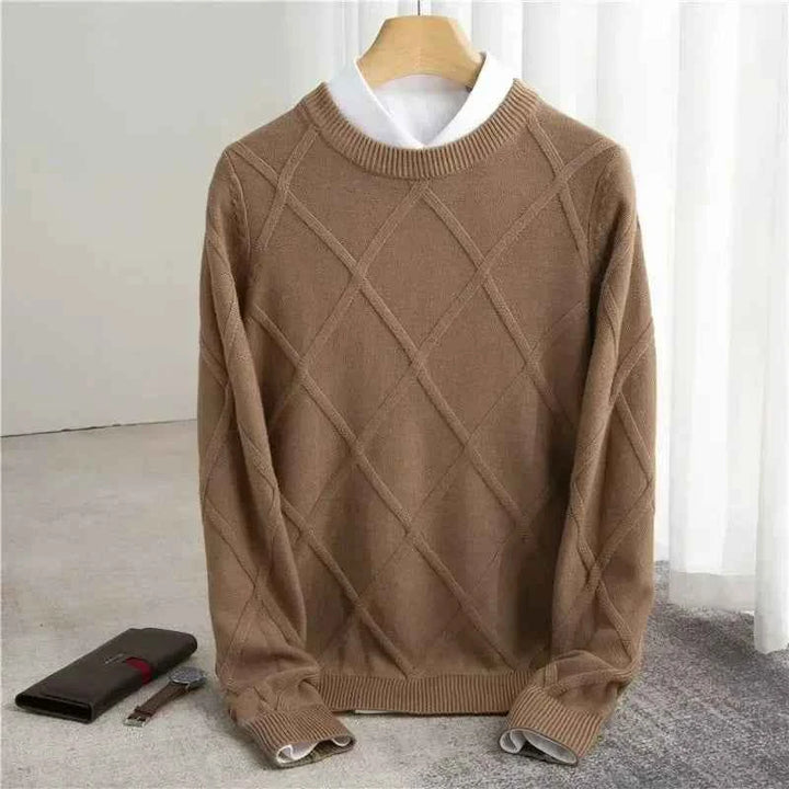 Men's Diamond Knit Sweater – Round Neck with Ribbed Trims – Soft Cotton Blend Khaki