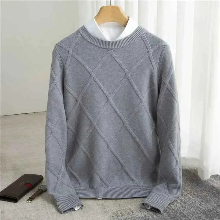 Men's Diamond Knit Sweater – Round Neck with Ribbed Trims – Soft Cotton Blend Grey