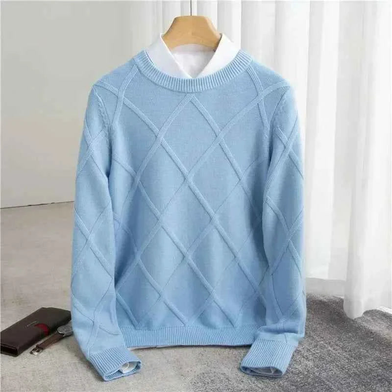 Men's Diamond Knit Sweater – Round Neck with Ribbed Trims – Soft Cotton Blend Blue