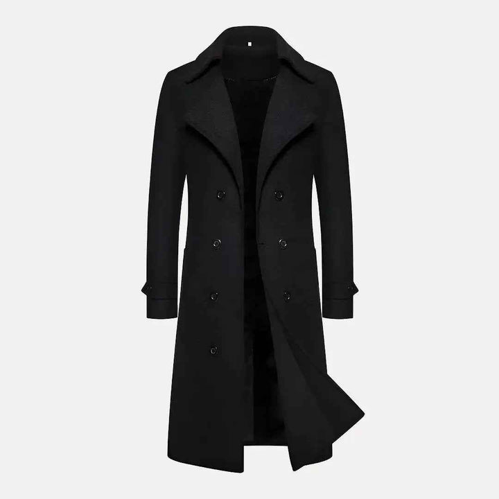 Men's Double Row Button Wool Trench Coat Black