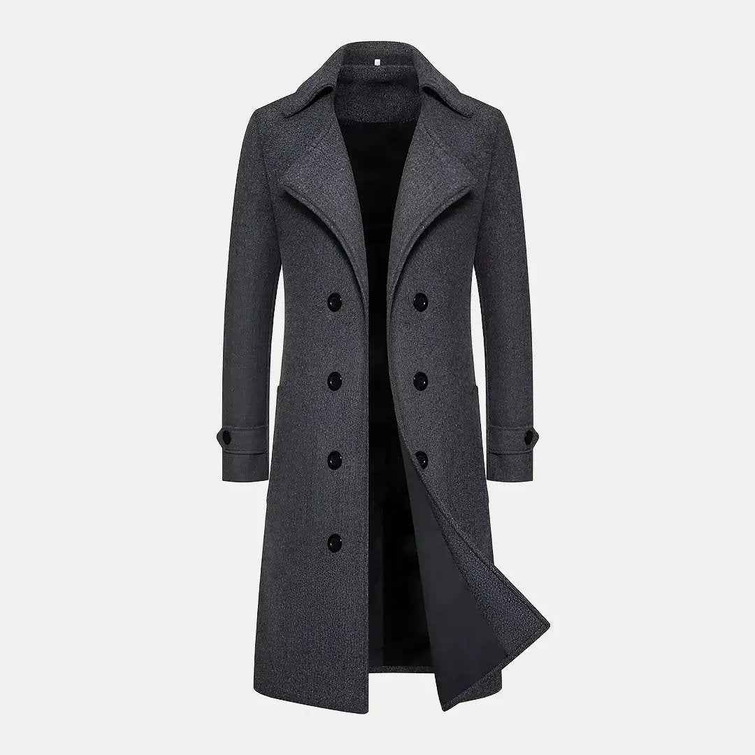 Men's Double Row Button Wool Trench Coat Dark Gray