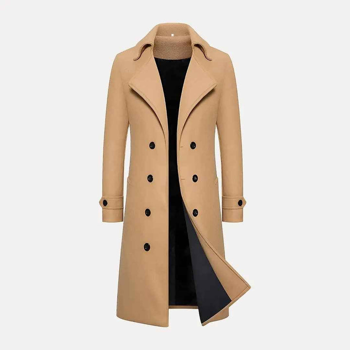 Men's Double Row Button Wool Trench Coat Khaki