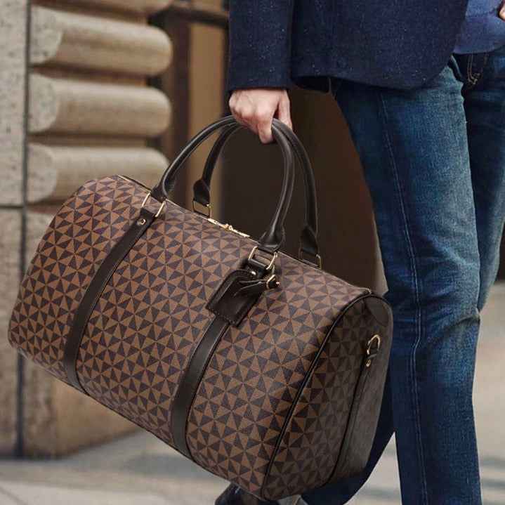 Men's Large Geometric Print Duffle Bag for Travel Brown