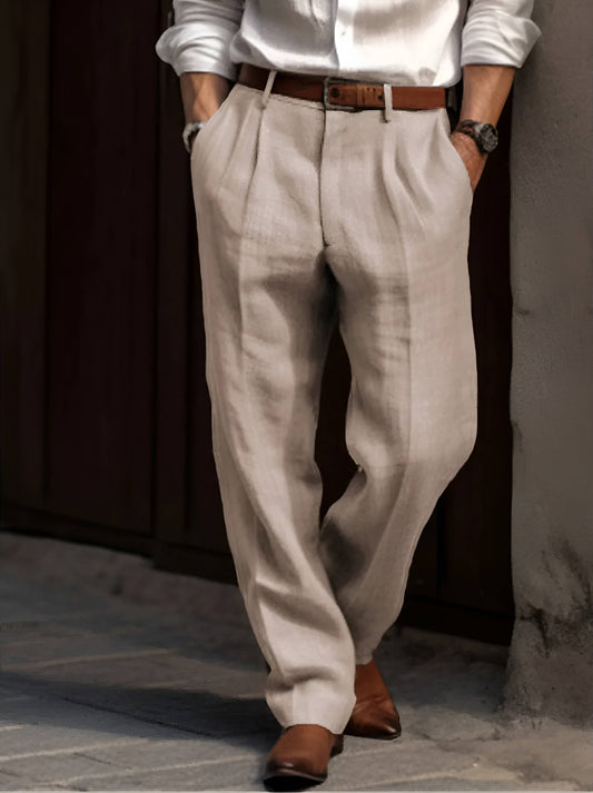 Men's Elastic Waist Pleated Cotton Linen Pants with Reinforced Seams Beige