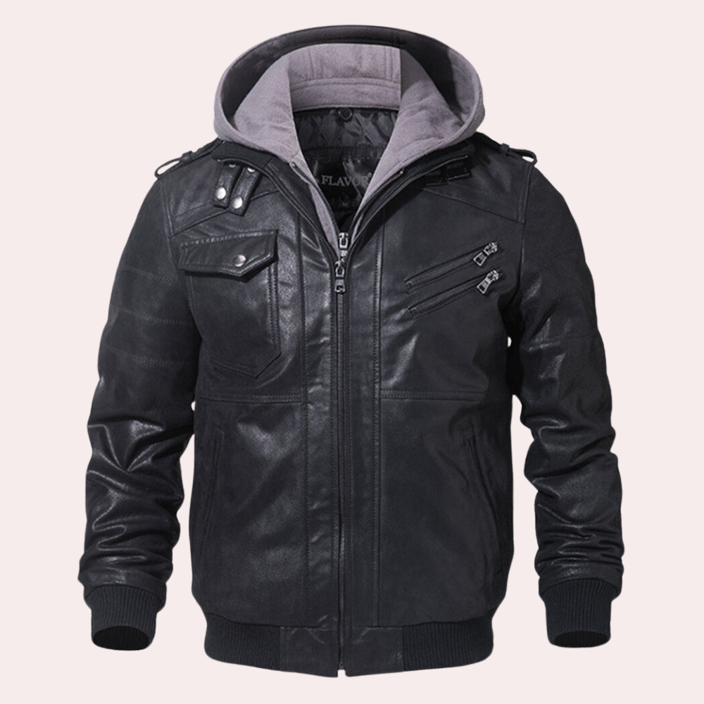 Men's Faux Leather Hooded Jacket – Tailored Fit with Quilted Lining & Zipper Pockets Black