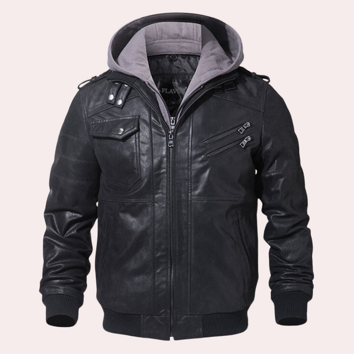 Men's Faux Leather Hooded Jacket – Tailored Fit with Quilted Lining & Zipper Pockets Black