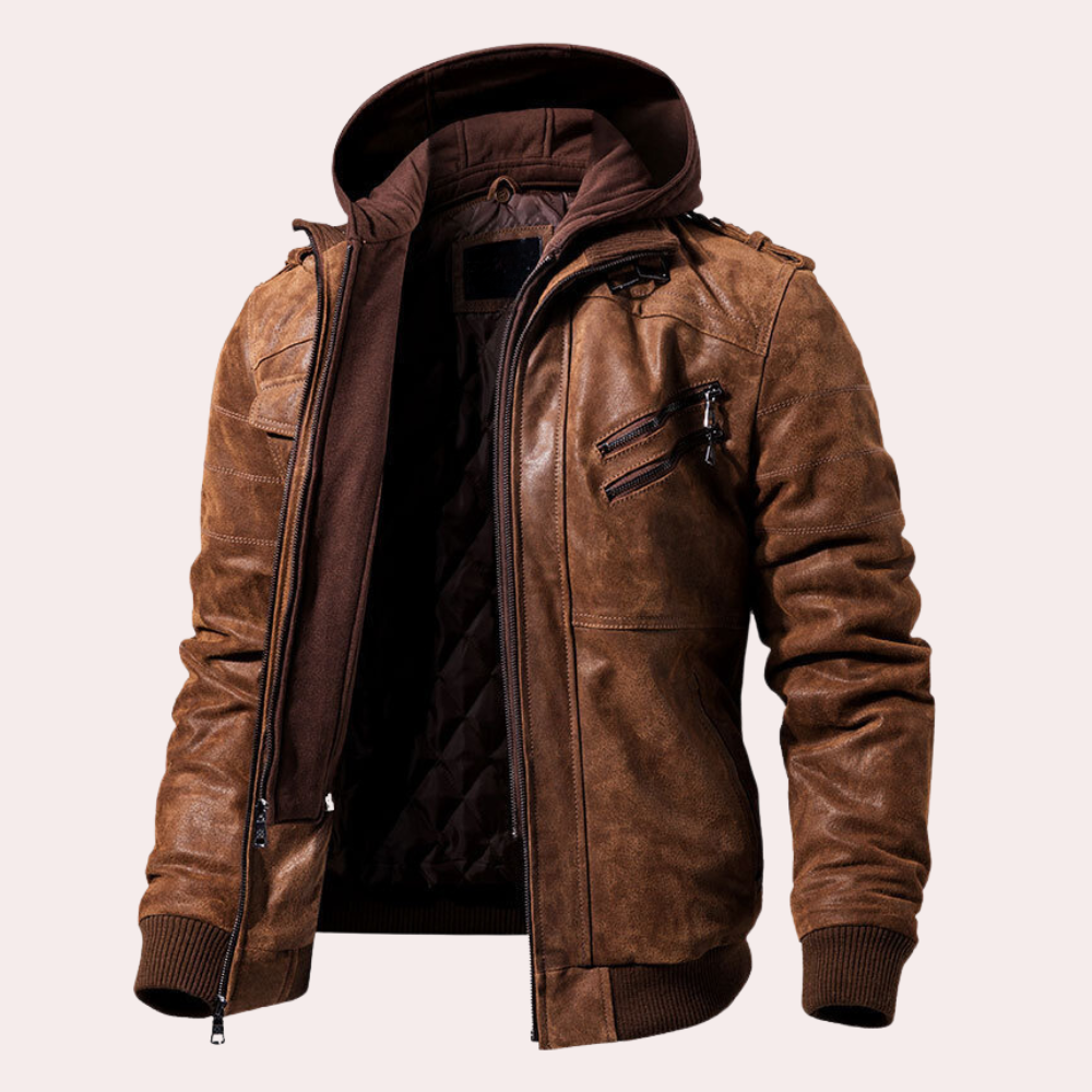 Men's Faux Leather Hooded Jacket – Tailored Fit with Quilted Lining & Zipper Pockets Brown