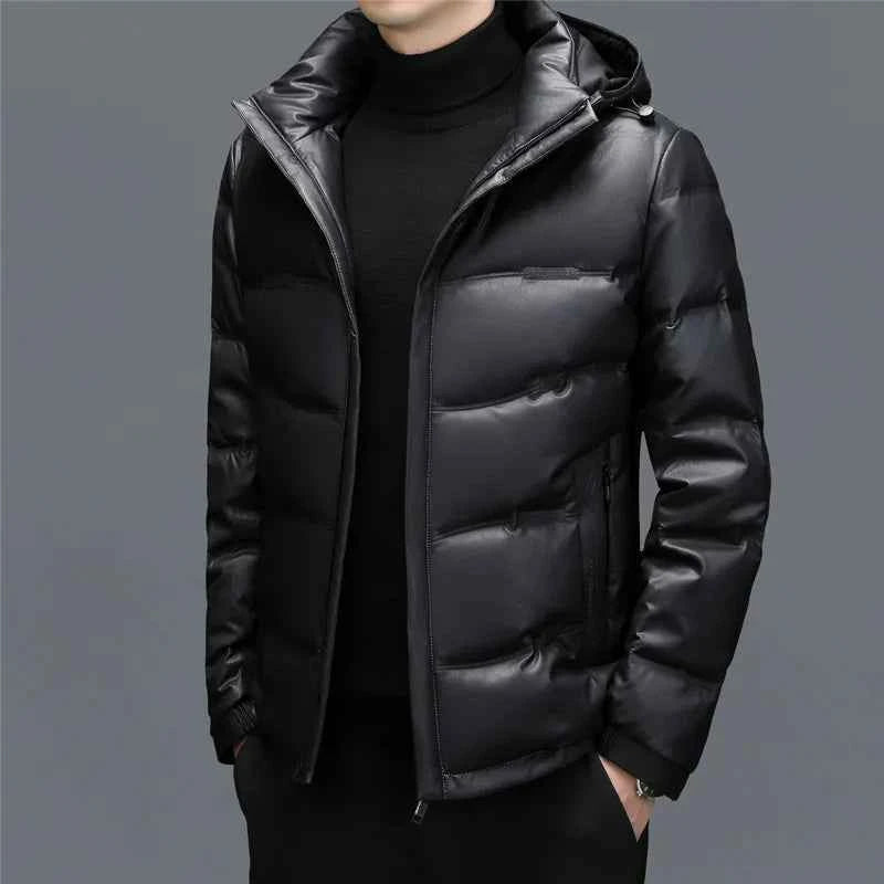 Men's Faux Leather Hooded Puffer Jacket | Quilted Glossy Hip-Length Design