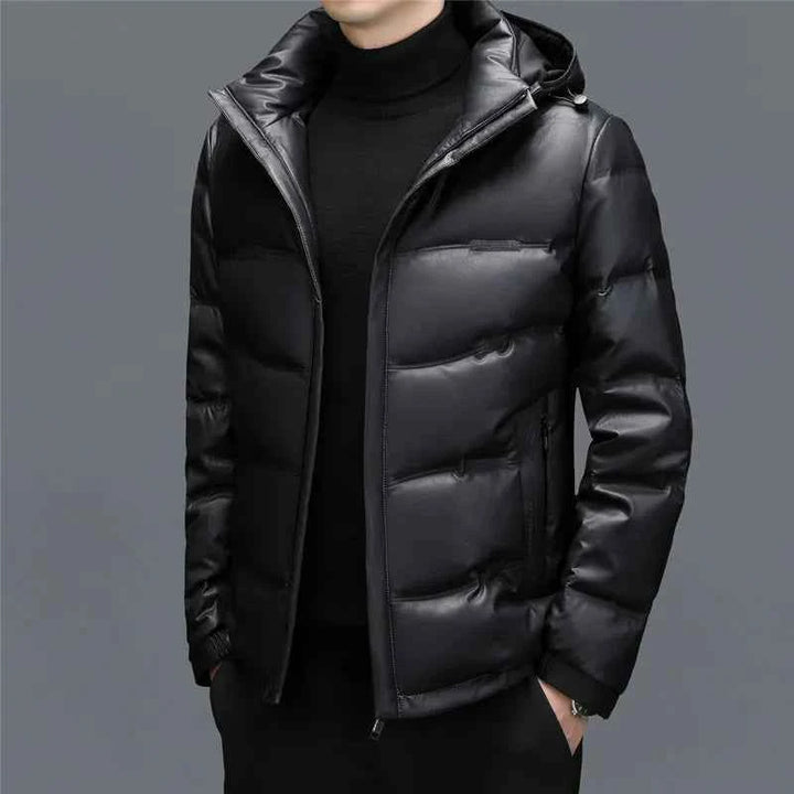 Men's Faux Leather Hooded Puffer Jacket | Quilted Glossy Hip-Length Design