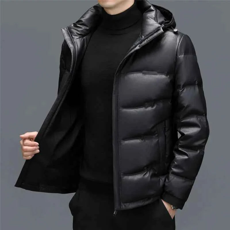 Men's Faux Leather Hooded Puffer Jacket | Quilted Glossy Hip-Length Design