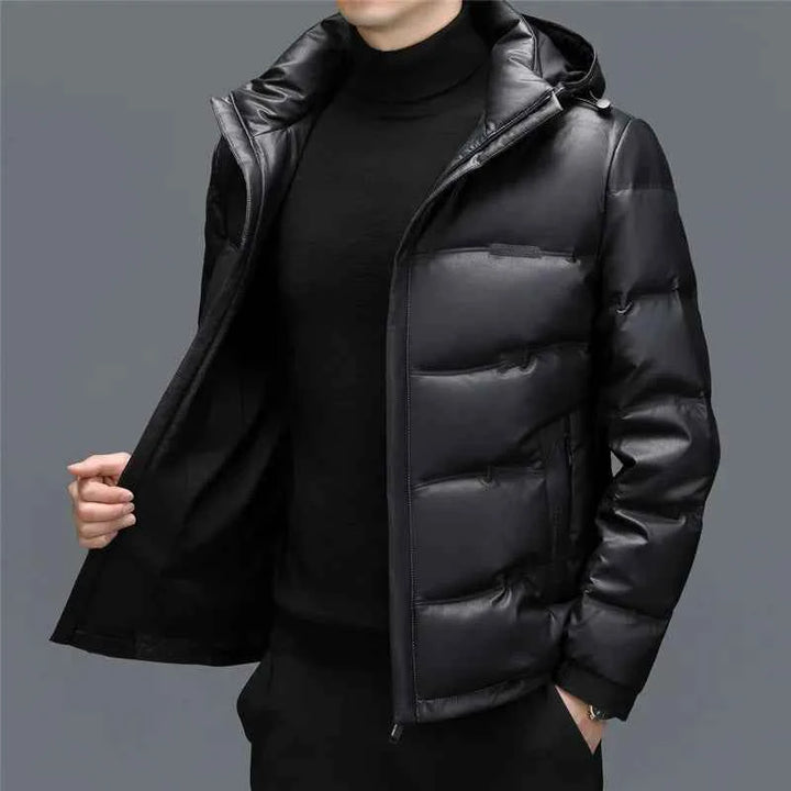 Men's Faux Leather Hooded Puffer Jacket | Quilted Glossy Hip-Length Design