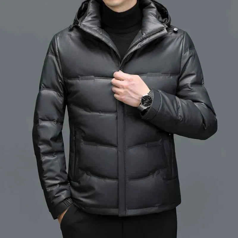 Men's Faux Leather Hooded Puffer Jacket | Quilted Glossy Hip-Length Design Gray