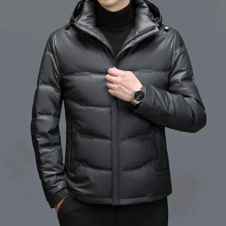 Men's Faux Leather Hooded Puffer Jacket | Quilted Glossy Hip-Length Design Gray