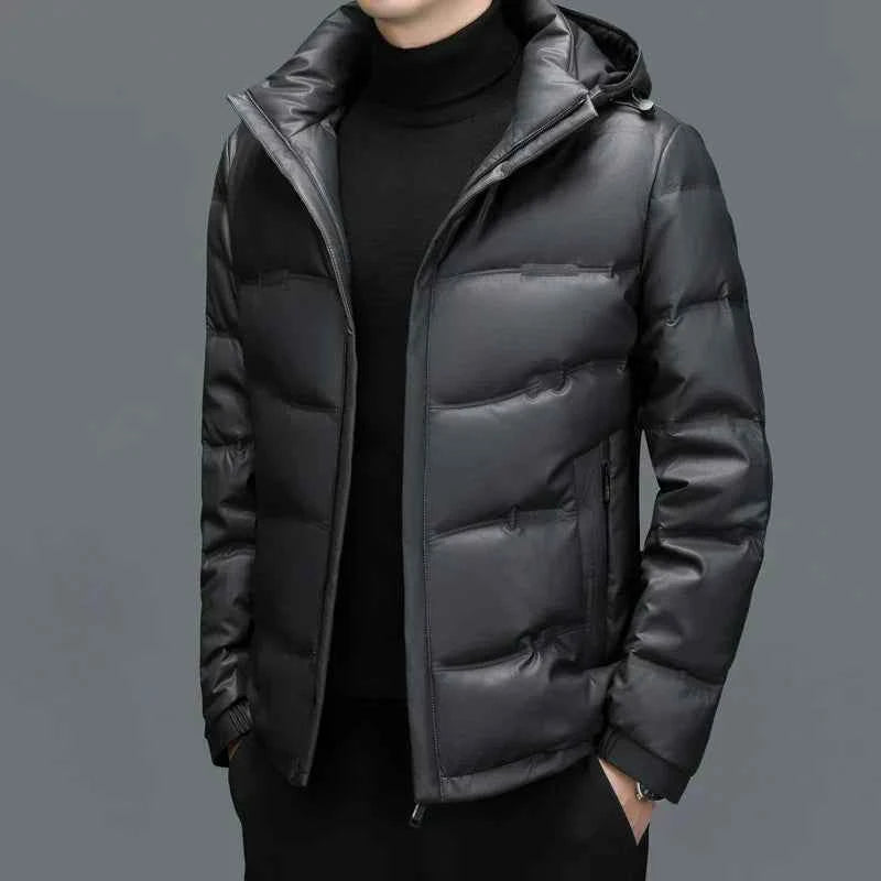 Men's Faux Leather Hooded Puffer Jacket | Quilted Glossy Hip-Length Design